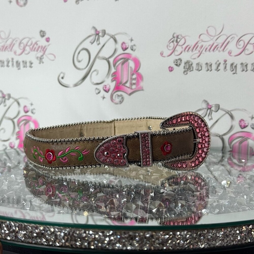 Belt rhinestone bling embroidered Brown and Pink Embellished Belt